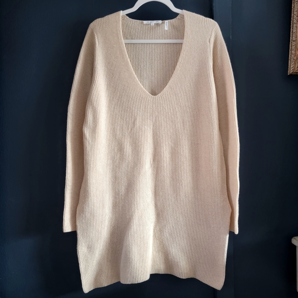 Helmut Lang Ribbed Italian Yarn Wool Cashmere V-Neck Sweater Dress Tunic Medium‎